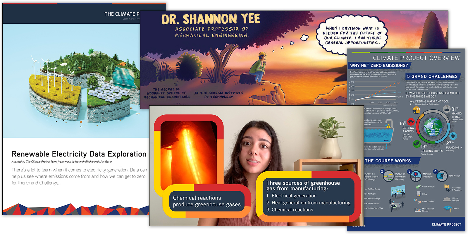 A collage of small images from the new course, including an infographic, a female presenter, and an illustration of a woman watching the sunset.