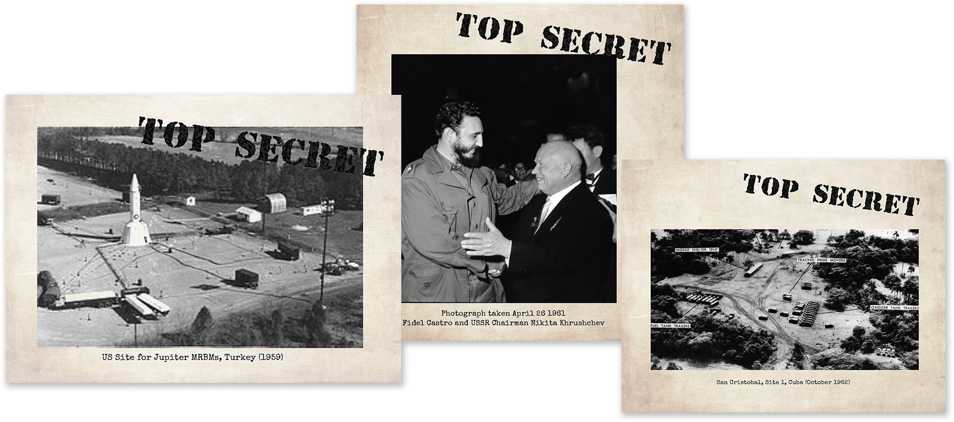 Examples of documents marked Top Secret showing events from the Cold War.
