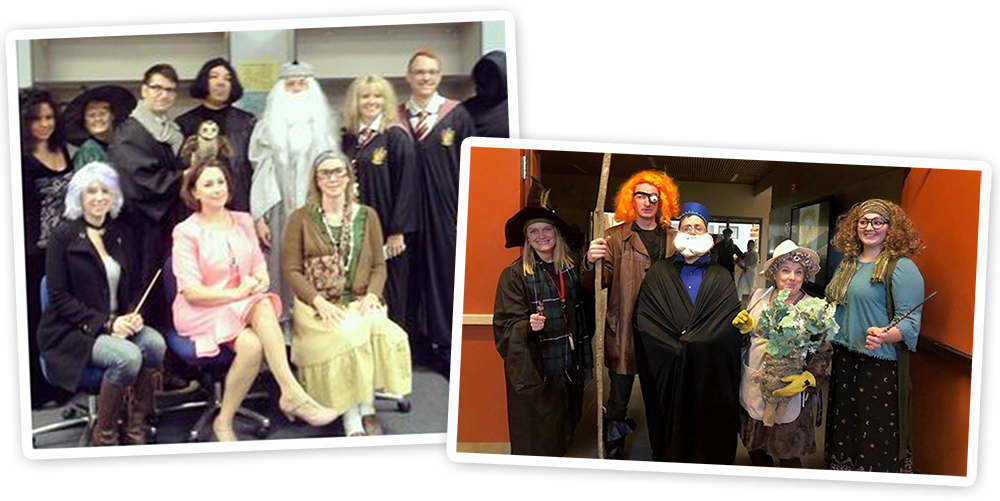 Groups of teachers posed in various Halloween costumes.