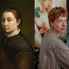 On the left, a traditional  painted portrait of an artist posed by a painting she is working on. On the right, a similarly posed photograph of a contemporary artist working on her own painting.