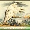 Nineteenth century illustration of a white robed giant labeled 'cholera' stalking over ruins.