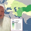 A map of the historical Mongol Empire, overlaid with an illustration of Genghis Khan.
