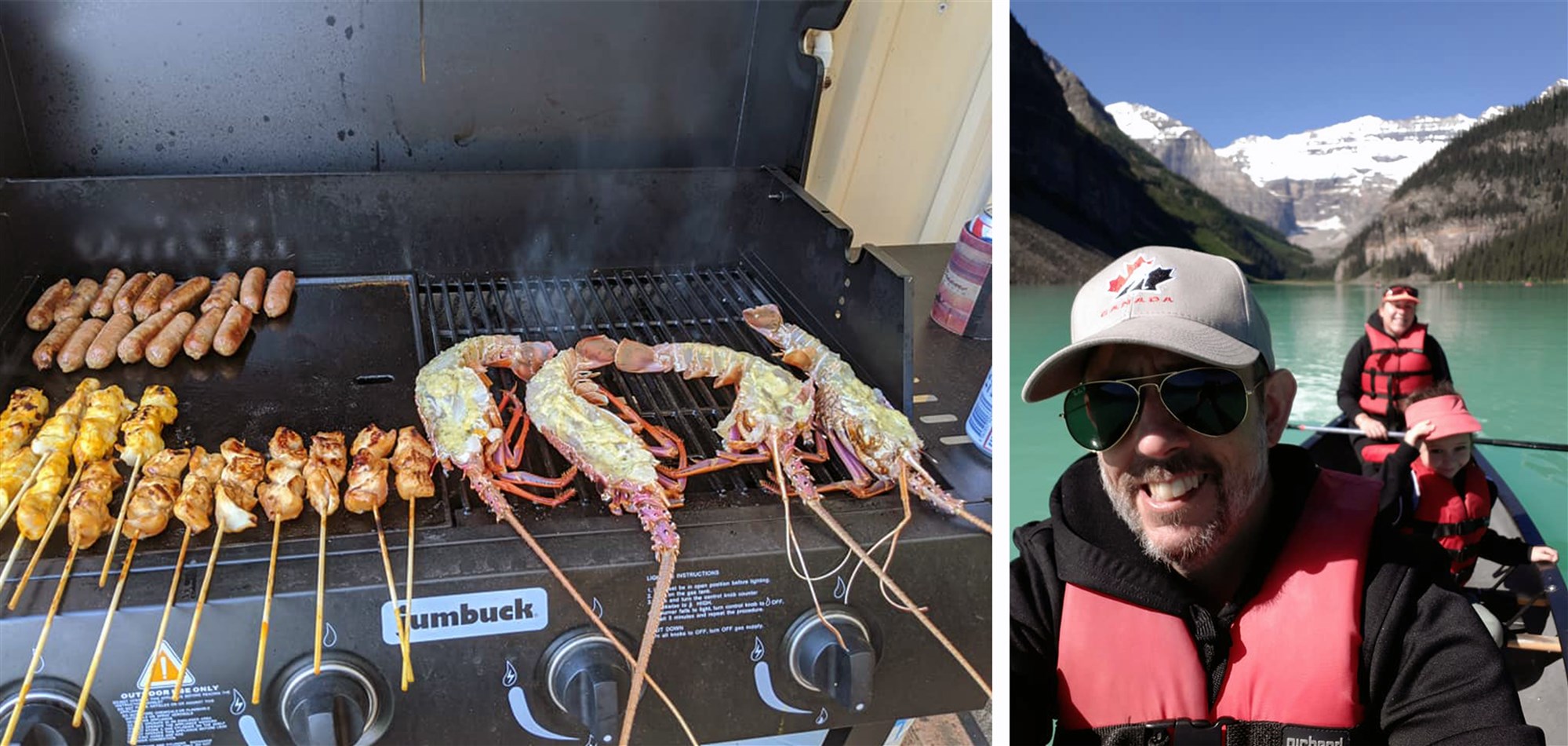Left: Shrimp and sausages on a BBQ. Right: Two men and a child on a canoe among the mountains.