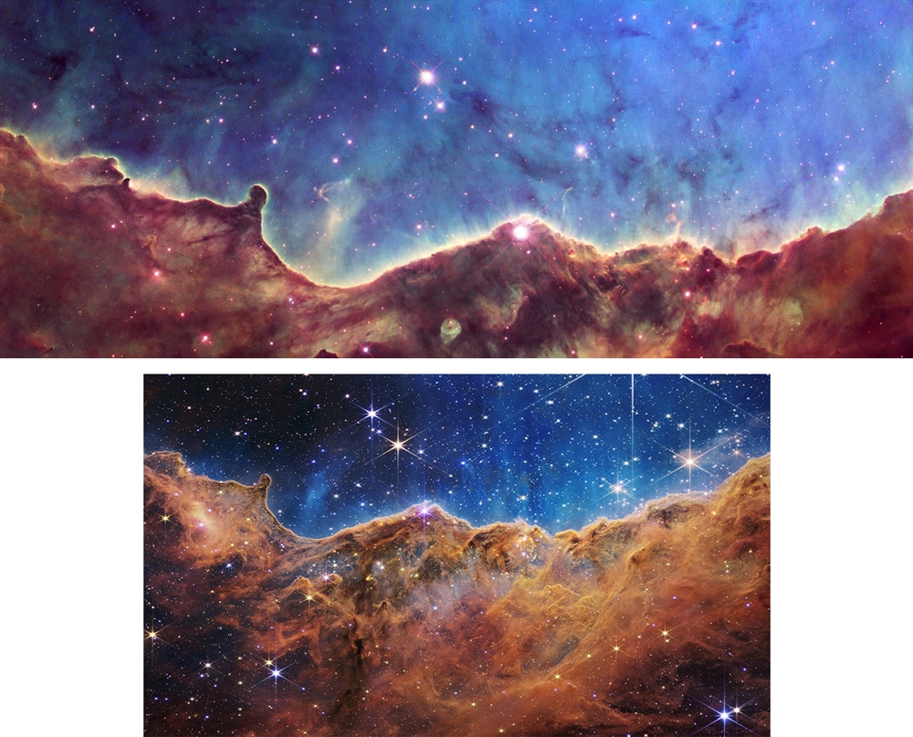Top: Hubble’s image of the Carina Nebula. Bottom: JWST’s image of the “Cosmic Cliffs” in the Carina Nebula
