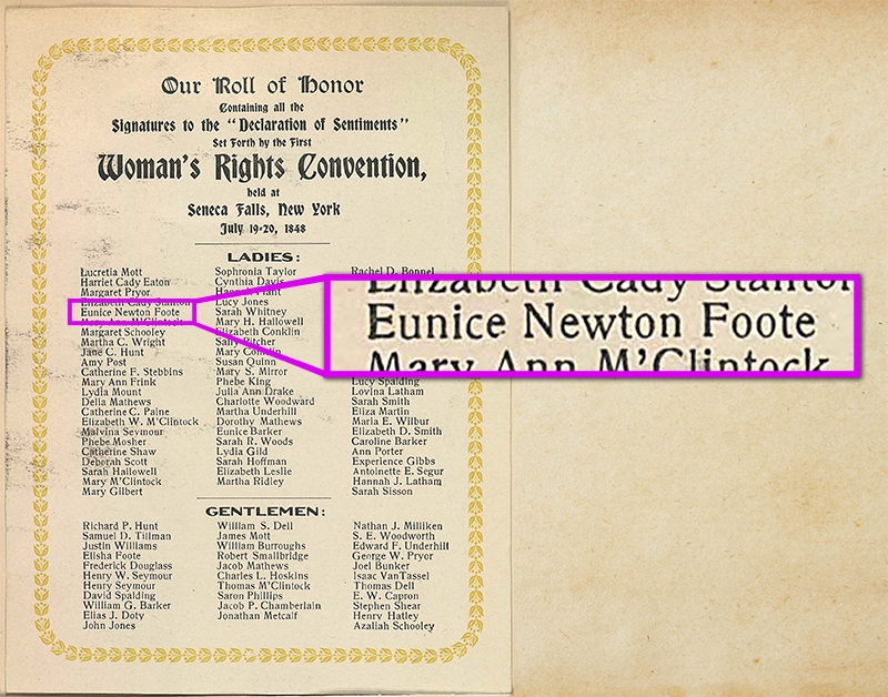 Detail from The Roll of Honor listing the women and men who signed the “Declaration of Sentiments” at the first Woman's Rights Convention, July 19-20, 1848
