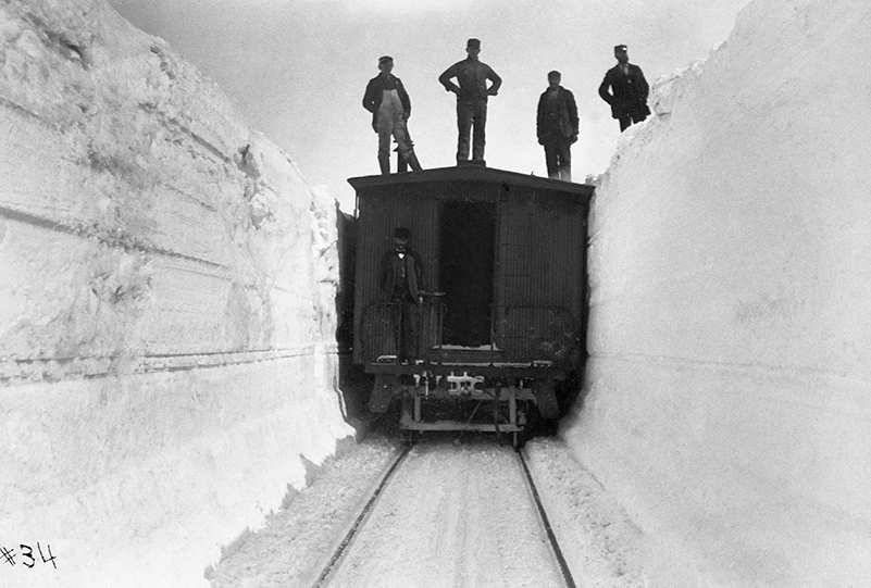 A freight car in the United States surrounded by snow during the “Long Winter” of 1880