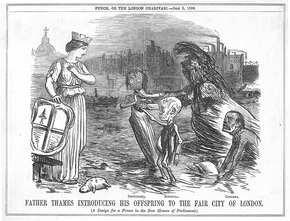 “Father Thames Introducing His Offspring to the Fair City of London,” Punch Magazine, 1858.