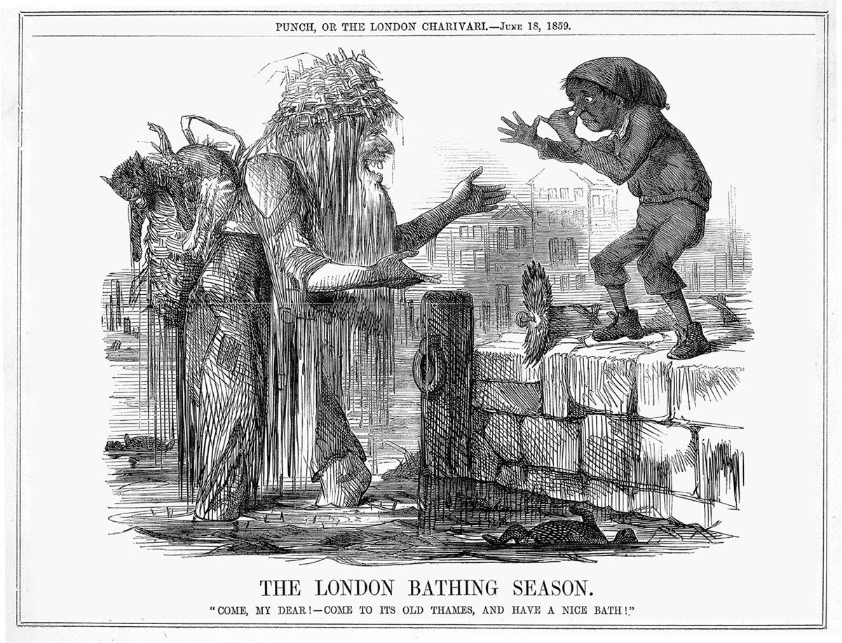 “The London Bathing Season: Come, my dear!—Come to its Old Thames, and Have a Nice Bath!” Punch Magazine, June 18, 1859.