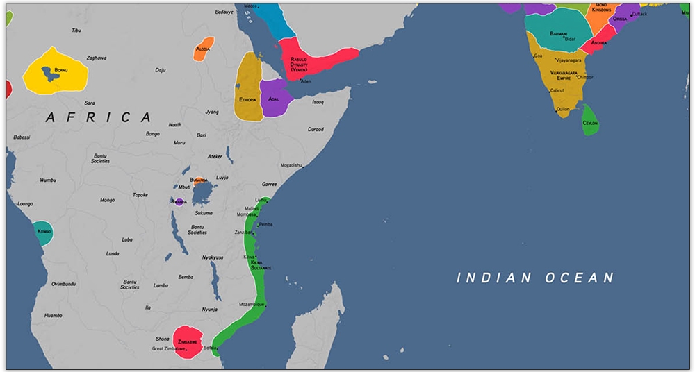 Map of the western Indian Ocean in 1450 CE. By WHP, CC BY-NC 4.0.