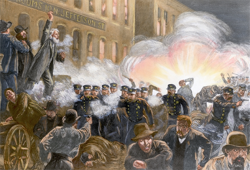 An illustration of the Haymarket Riot on May 4, 1886. After a bomb was detonated, the police opene d fire on the crowd. Seven police and up to eight civilians died, with dozens more injured.