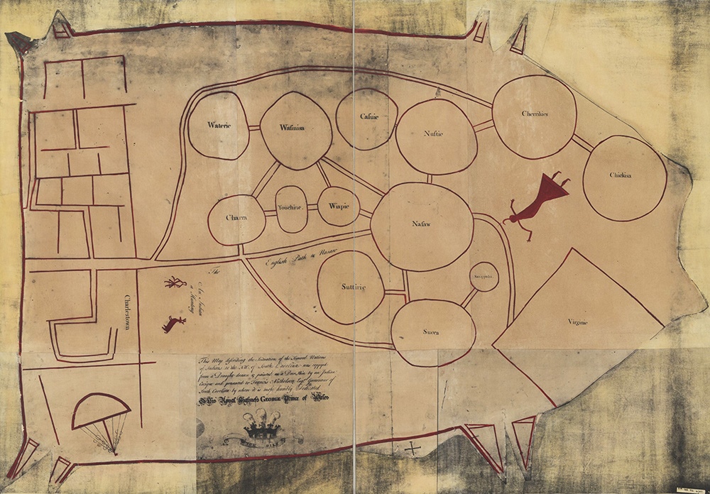 A hand-drawn map of the Indigenous peoples of South Carolina, circa 18th Century.