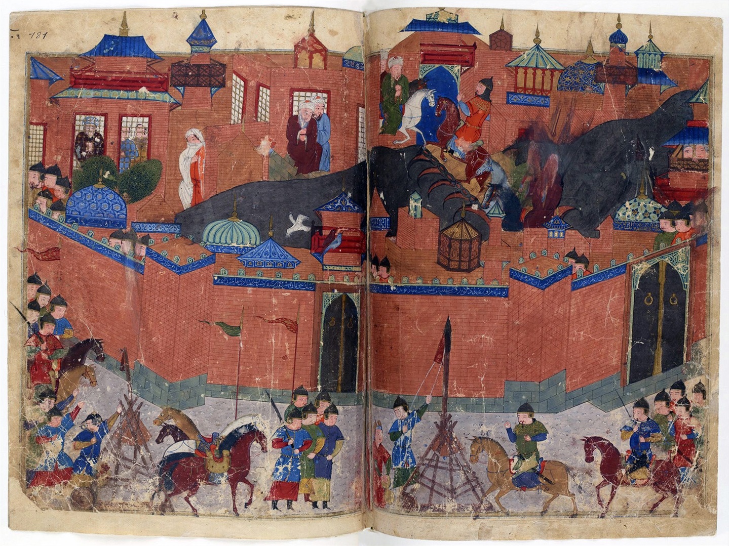 Illustration in a Persian style of a minaret-laden city under siege.