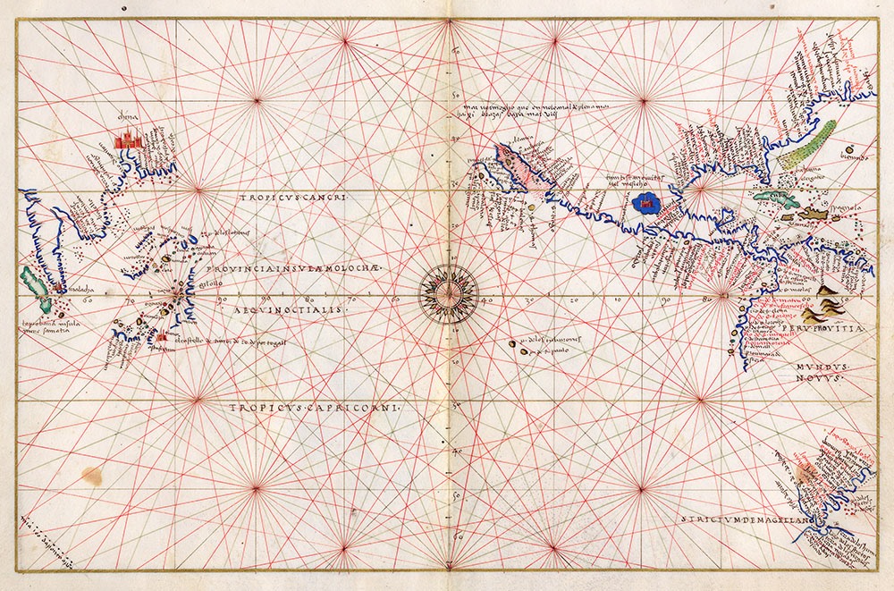 Chart centered on the Pacific Ocean, from a manuscript portolan atlas by, or from the office of, Battista Agnese, Venice, circa 1553.