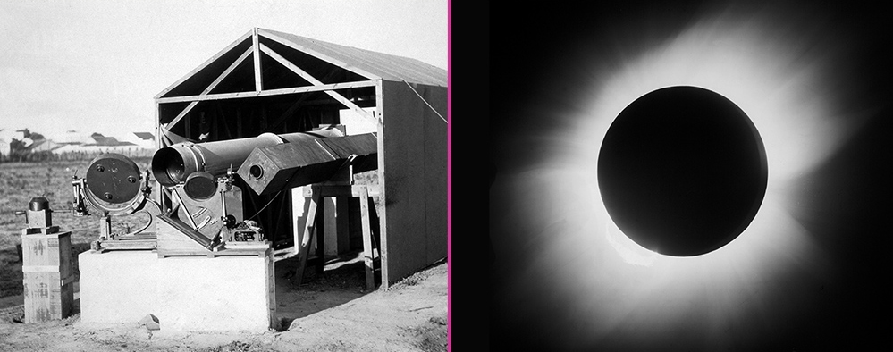 Left: Telescope used to observe a total solar eclipse, Sobral, Brazil, 1919. Right: Total solar eclipse, May 29, 1919.