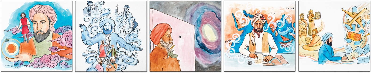 A series of illustrations of Islamic scholars of antiquity exploring scientific concepts.