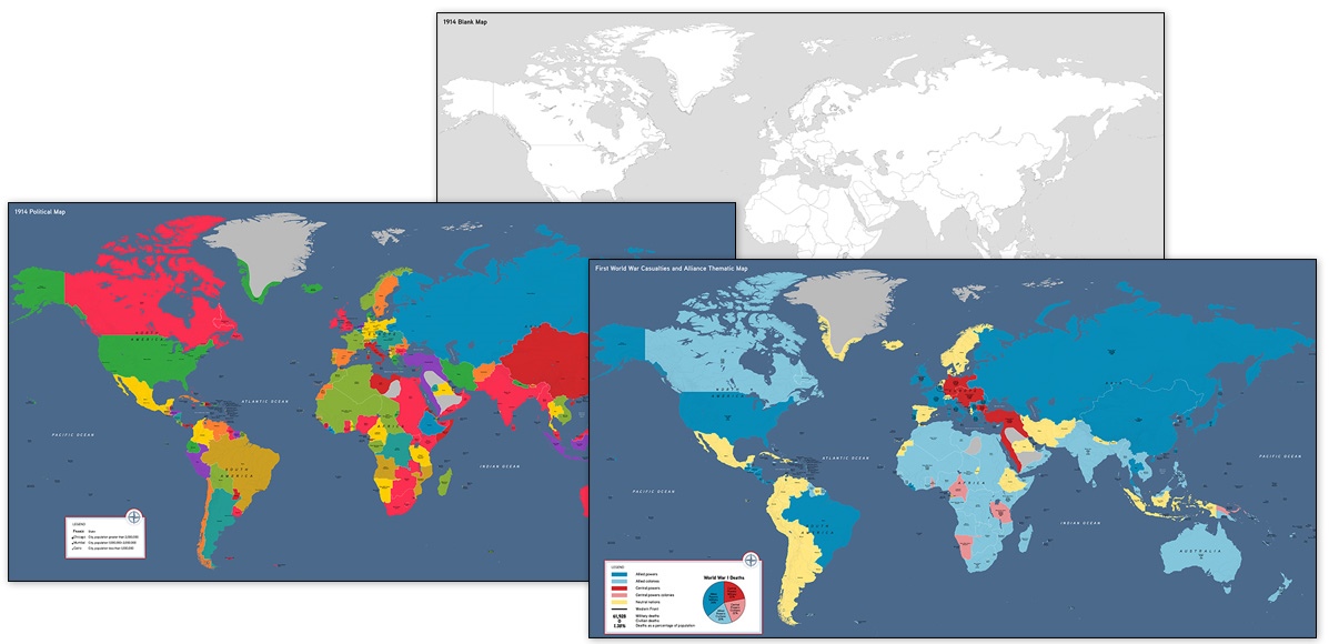 World maps, from top to bottom: blank map for printing, political map, thematic map