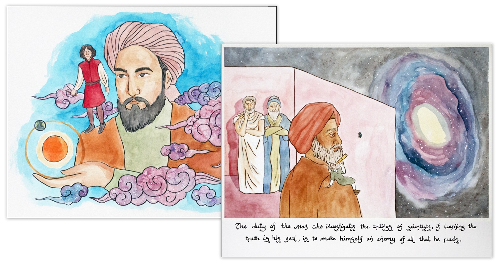 BHP articles about collective learning, Standing on the Shoulders of Invisible Giants (left) and The Universe Through a Pinhole: Hasan Ibn al-Haytham (right).