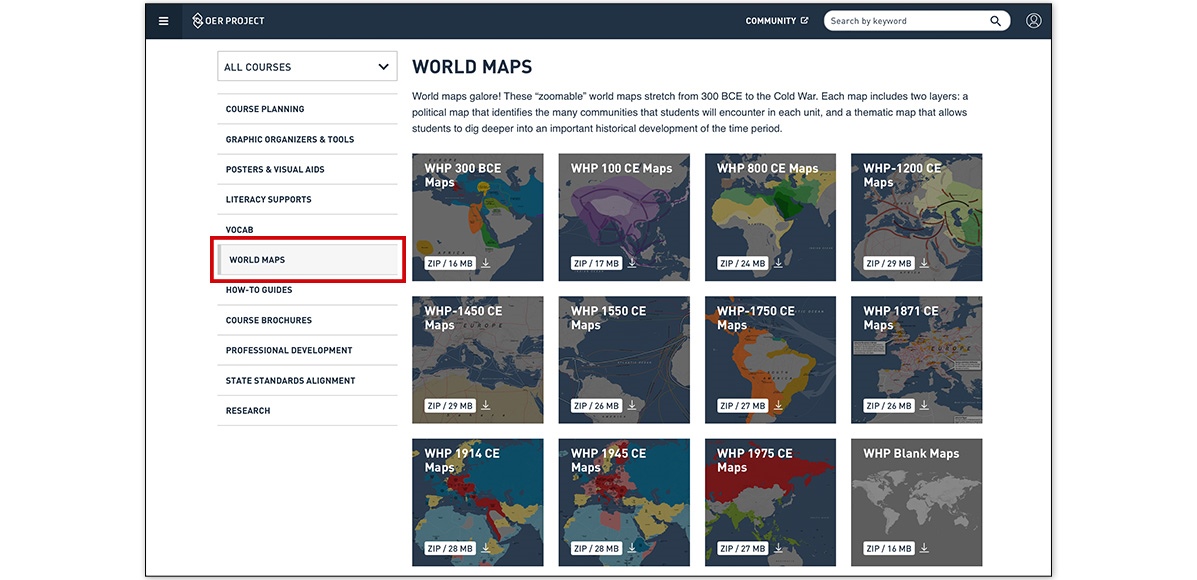 how to use the lefthand navigation menu, teachers can select World Maps to see each collection of maps available and download .zip files 