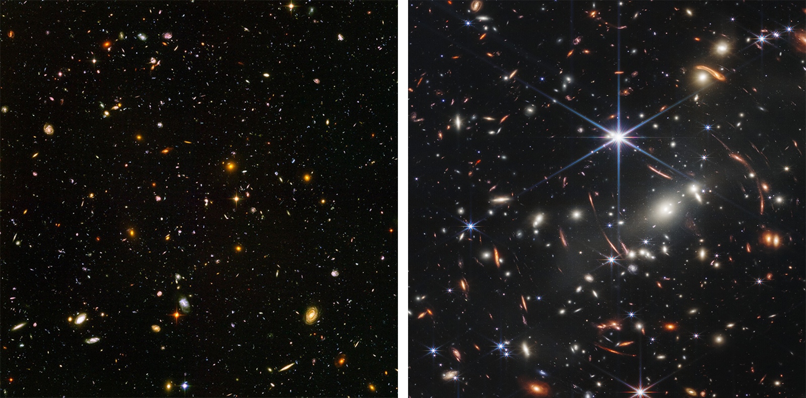 Left: Hubble’s ultra-deep field image. Right: JWST’s infrared deep-field image