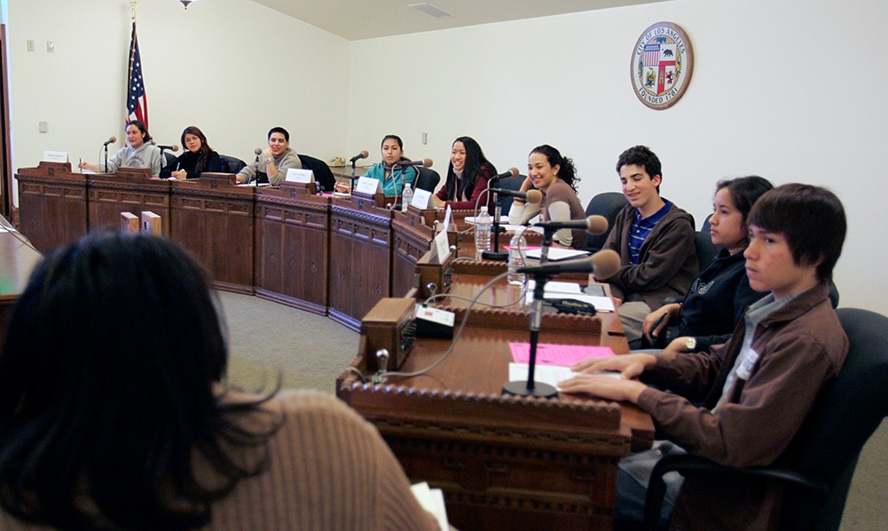 Students in Los Angeles take part in a civics exercise as part of the city’s Youth Council