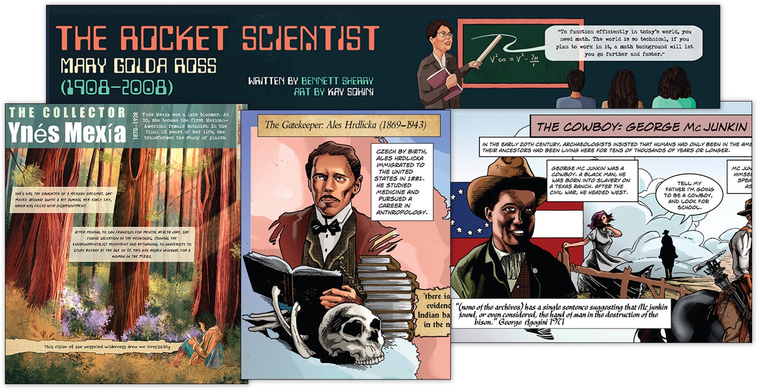 A collage of images from a comic strip about rocket scientist Ynes Mexia.