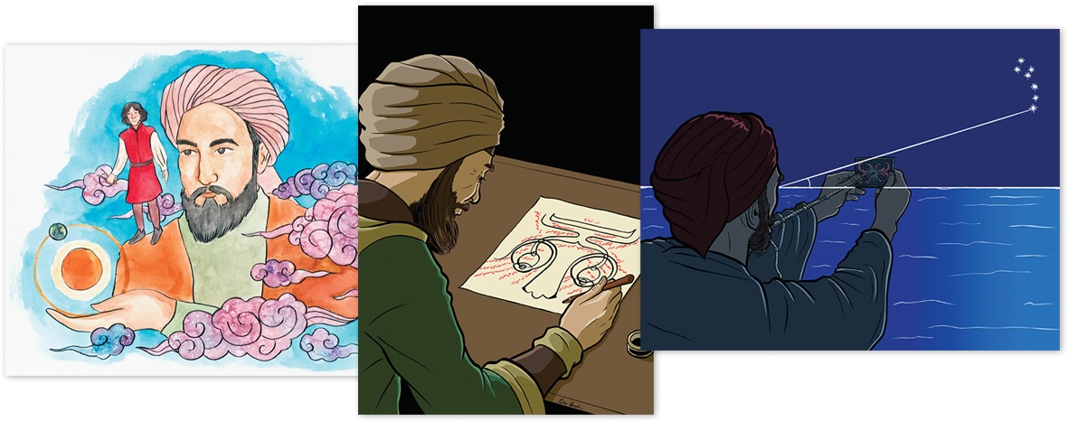 Comics-style illustrations from the Islamic scholars articles.
