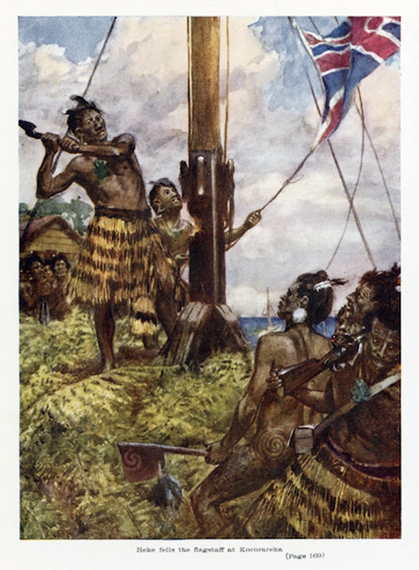 “Heke fells the flagstaff at Kororareka, by Arthur David McCormick, 1860–1943, from New Zealand: Romance of Empire