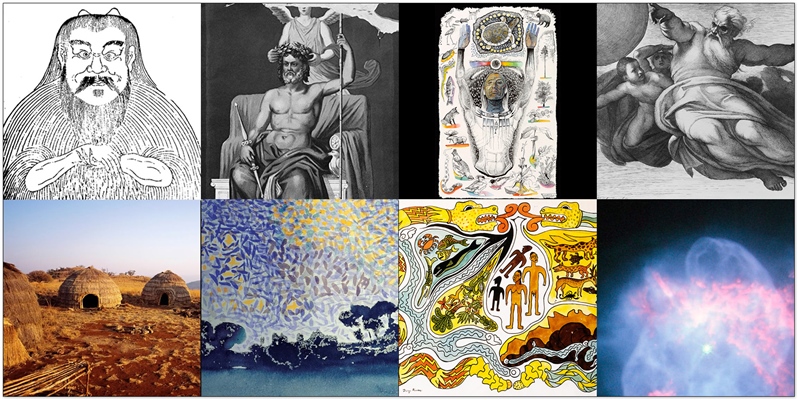 A collage of imagery from the origin stories of various world cultures.