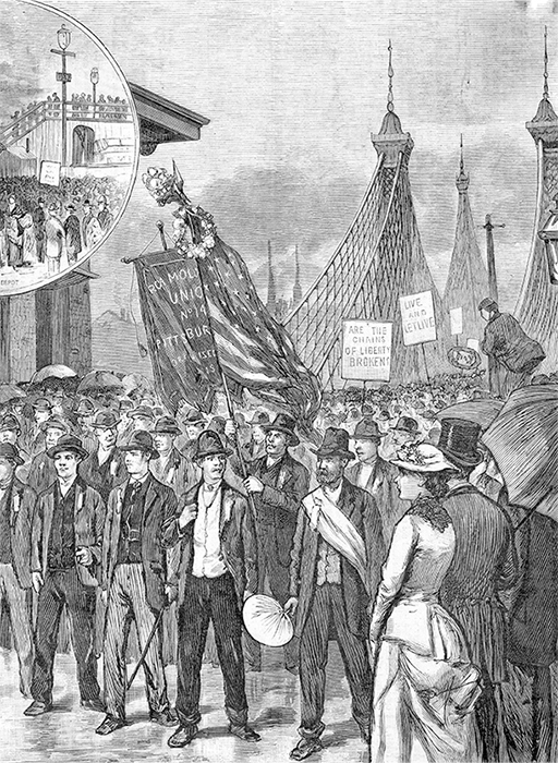 An illustration of the 1882 Labor Day parade in Pittsburgh.
