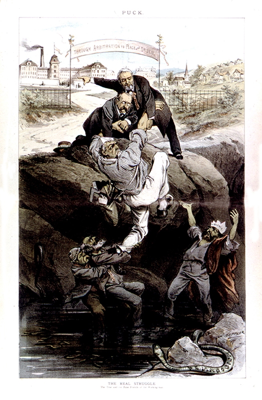 A cartoon published in 1886, after the Haymarket Riot. The cartoon warns American workers about violence as a socialist and anarchist try to drag Uncle Sam—dressed as a worker—down as two capitalists pull from above, pointing toward a sign proclaiming the virtues of arbitration, peace, and order.