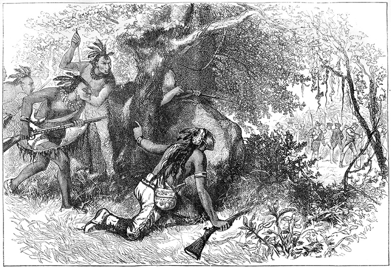 A print from an 1874 history book, Cassell's History of the United States, depicts the “Treachery of the Cherokees.”
