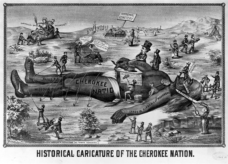 Political cartoon depicting a giant Cherokee Indian being tied down and destroyed, symbolizing the Cherokee Nation being destroyed by railroad companies, US courts, and US marshals