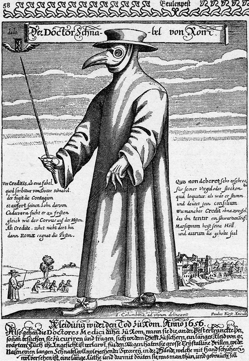 Seventeenth-century engraving of a plague doctor wearing the iconic mask often associated with the Black Death