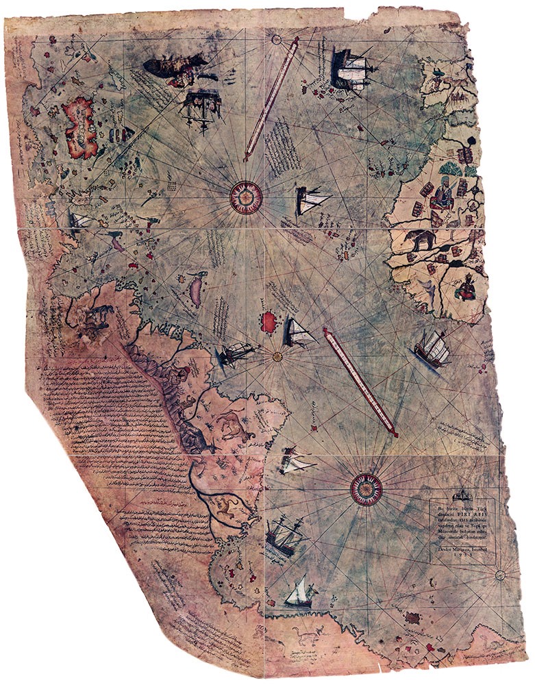Reproduction of the Piri Reis' map, 1513, Decorative portolan chart of the Atlantic showing the north-west coasts of Africa and Spain, the Caribbean, and the north-east coast of South America.